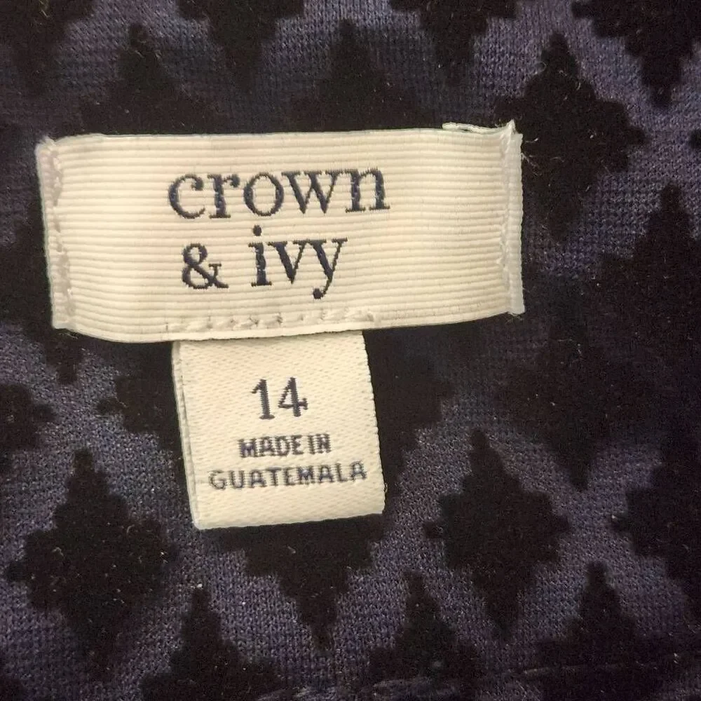 Crown & Ivy Black Velvet Diamond on Blue Pull On Pants Size 14 (7349)